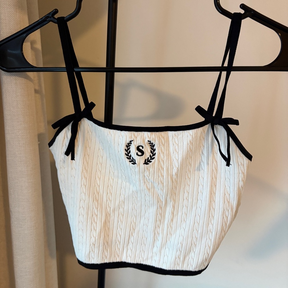 Sandro White Cable-Knit Tank Top with Black Trim and Bow Straps